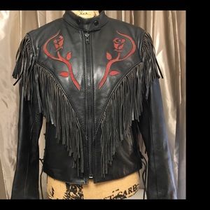 Black and red leather motor cycle jacket
